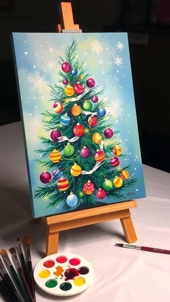 Acrylic painting of a decorated Christmas tree with a snowy background on an easel.